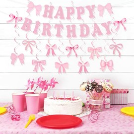 Pink Bow Tablecloth Happy birthday banner, Bow Party Supplies Tablecover, Plastic Disposable Table Cloths for Baby Shower Bridal Shower Bachelorette Party Bow Birthday Party Decorations Supplies