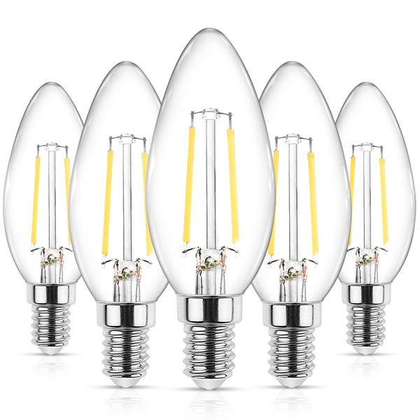 Ascher E12 LED Classic Candelabra Clear Light Bulbs, Equivalent 40W, Daylight White 5000K, Filament Clear Glass, Non-Dimmable, Pack of 5
