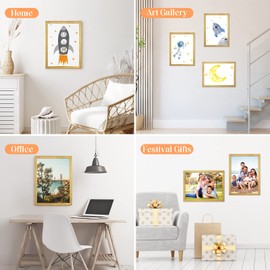 MOUDAMION Wood 9x12 Frame Gold, Ornate Natural 12x9in Poster Picture Frame, Modern Golden 9 x 12inch Gallery Wall Photo Frame with HD Plexiglass, Horizontal Vertical Wall Mounting Display 1pcs