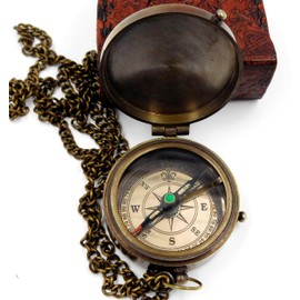 KHUMYAYAD Brass Pocket Compass Handmade Full Function Antique Nautical Compass Engraved Compass Steampunk Compass with Leather Case