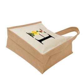 Monogram Initial Canvas Jute Tote Bags for Women - Cotton Shoulder Bags, Reusable Bags for Shopping, Gift bags, Book Bag, Travel Bag, Shopper Bags - Floral Letter H - Natural - L