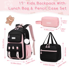 PIG PIG GIRL Girls Backpack, Kids Backpack for Girls with Anti-theft Back Pocket, Lightweight School Backpack, Watrer Resistant, Bookbag for Elementary Primary School, Black Pink,3pcs