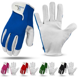 STONELIGHT Unisex Gardening Gloves Made with Leather & Spandex - Thorn Proof Rigger Safety Work Gloves with Reinforced Fingertips, Adjustable Wrist Closure, Waterproof & Breathable (Blue, M)