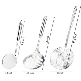 Tenta tenta kitchen Solid Stainless Steel Spider Strainer Skimmer Ladle for Cooking and Frying, Kitchen Utensils Wire Strainer Pasta Strainer Spoon Hot Pot Fat Skimmer Spoon Set of 3