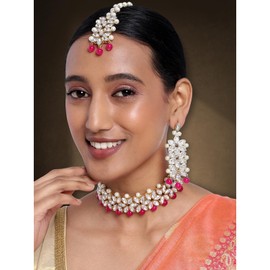 Aheli Faux Stone Studded Wedding Party Wear Bridal Choker Necklace with Maang Tikka Set Indian Traditional Fashion Jewelry for Women Rani Pink