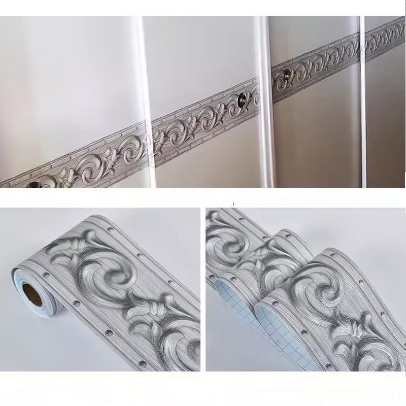 DHHOUSE 3D Silver Grey Wallpaper Border， Peel and Stick Embossed