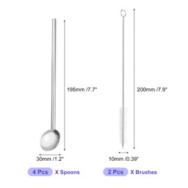 QUARKZMAN 4 x Stainless Steel Straws Spoons 7.7 Inch Reusable Metal Drinking Straw Spoon with Cleaning Brushes for Milkshake Drinks Cocktail Silver