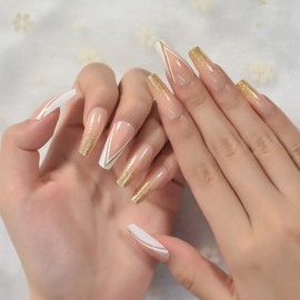 iMABC Medium Coffin French Golden Glitter Reusable Fingernails Manicure Set Press On Nail Tips Art Full Cover Acrylic Fake Nails Salons At Home With Tabs Mini File Woody Stick