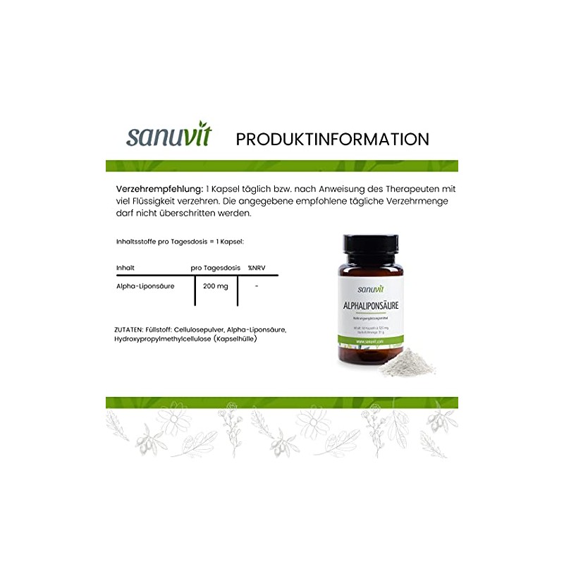 Sanuvit Alphaliponsäure 60 Kapseln - Reinstoffprodukt direkt vom Hersteller (hypoallergene