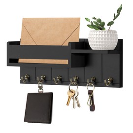 LUPATDY Key Rack with Shelf, Wooden Key Cabinet with 6 Key Hooks, Modern Key Holder Wall for Living Room, Kitchen, Office, Hallway, Bedroom, Black