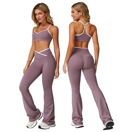 ABOCIW Womens Workout Sets Color Block Strappy Sports Bra Crossover High Waist Flared Leggings Gym Sets 2 Piece Yoga Pilates Outfits Active Wear Colorblock Taro Purple Medium