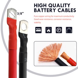 2 Gauge Battery Cable 2Ft Copper Power Inverter Wire with 3/8" Lugs, Marine Battery Cables for Solar Car Boat RV (2pcs)