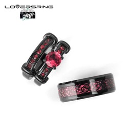 Couple Ring Bridal Set His Hers Black Gold Plated Red Ruby CZ Stainless Steel Wedding Ring Band