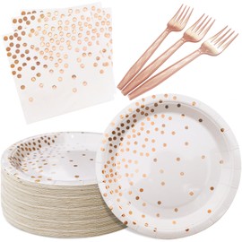 WXLDGHQ Serves 35 Guests White and Rose Gold Party Supplies,White and Rose Gold Birthday Paper Plates and Napkins,7" Disposable Party Dinnerware for Women