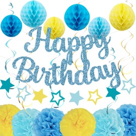 ELOPELY Birthday Party Decorations, Happy Birthday Banner, Honeycomb Ball, Tissue Pompoms, Hanging Swirl, Star Garland, Birthday Decorations for Women Men Girls Boys (Blue, Yellow)