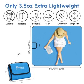 Beach Picnic Blanket, Sandproof Waterproof Camping Blankets Large, Outdoor Sandfree Foldable Mat 55x32in, Oversized Packable Family Mats for Hiking, Camping, Park, Travel, Grass Concert-Blue