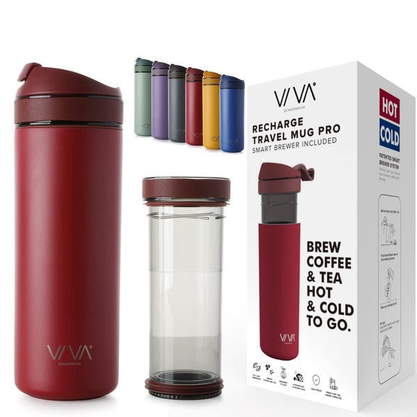 VIVA Recharge Cranberry Red Insulated Tea & Coffee Mug & Travel French Press Coffee Maker, 16 oz, Brew & Drink From the Same Coffee Mug On the Go or Camping