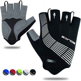 Souke Sports Guantes de ciclismo acolchados de medio dedo, guantes de bicicleta que absorben los golpes, antideslizantes, transpirables, para ciclismo de carretera, para hombres y mujeres, color negro, talla S
