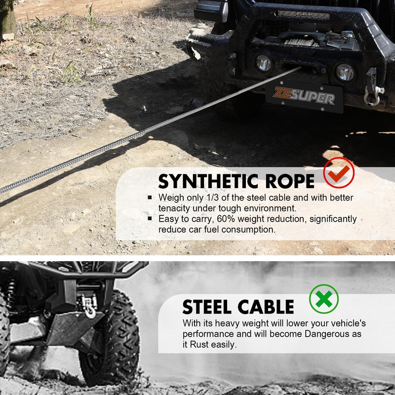 ZESUPER 1/4''x 50ft 10000LBs Synthetic Winch Rope Winch Rope Cable