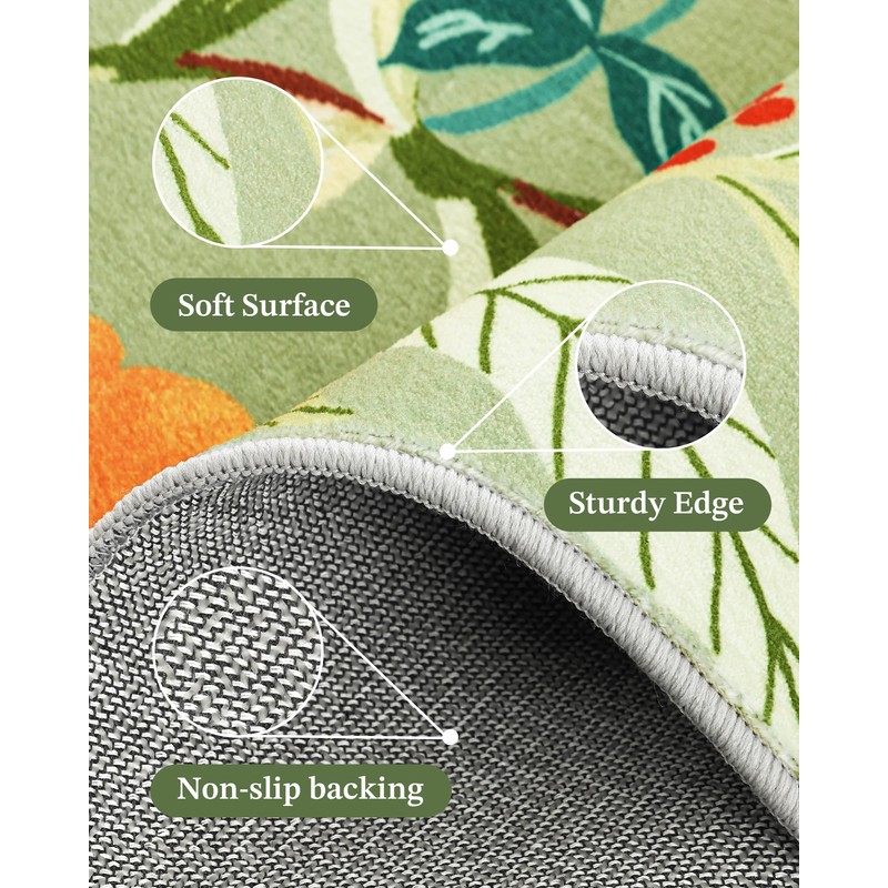 Carvapet 6ft Scalloped Green Round Rug - Sage Floral Washable