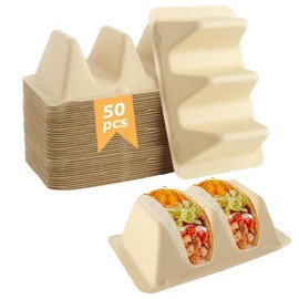 LOLYSIC 50 Pack Pulp Fiber Taco Holder, Taco Holders with 2 Dividers, Pulp Fiber Taco Plates for 2 Tacos, Taco Tray Holder for Party, Taco Tuesday Lazy Susan Taco Bar Serving Set for Party