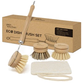 Joeji's Kitchen Cleaning Brush Set Vegetable Brush – Eco Wood Plastic-Free – Washing Up Brush with Interchangeable Brush Heads – Scrubber Brush with Loofah Sponge