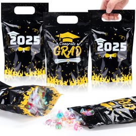 Teenyyou 50 Pcs Graduation Gift Bags Clear Class of 2025 Sealed Pouches with Handles Resealable Congrats Grad Plastic Bag for Graduation Theme Party Candy Gift Wrap Supplies Decoration(Black)