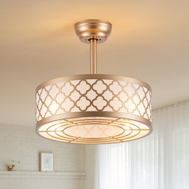 Dawn Whisper 18" Gold Fandelier Ceiling Fan with Light Quiet DC Motor 6 Speeds Timer Enclosed Boho Fabric Mid-Century Modern Chandelier Ceiling Fan for Kids Bedroom