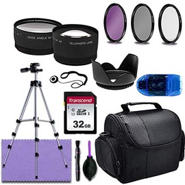 58mm Accessory Bundle for Canon EOS 80D, 77D, Rebel T7, T7i, T6, T6i, T5, SL2, SL3 Includes - 3pc-Filter Kit, 32GB Transcend Memory Card, Wide & Telephoto Lens, Tripod, Lens Hood + Case