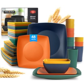 Teivio 48-piece Wheat Straw Square Dinnerware Set for 12, Unbreakable Dinner Plates, Salad Plates, Snack Bowls, Tumblers 13.5 oz, Dishwasher Safe, Plastic,Gray Ombre