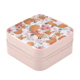 ZZKKO Cute Baby Fox Pink Flower Small Jewelry Box Travel Jewelry Case Leather Jewelry Travel Organizer Mini Portable Storage Boxes for Womens Rings Necklaces Gifts Pink