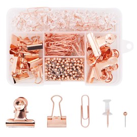 500PCS Office Stationery Set,Rose Gold Paper Clips Binder Clips Push Pins Round Head Pins 5 in 1 Box for Home School Office Supplies