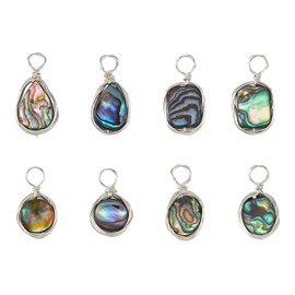 Hobbspring Pack of 8 Abalone Shell Charms, 4 Styles, Paua Shell Pendant, Sea Shell Pendant with Copper Wire, Sliver, Colourful Oval Teardrop, Natural Abalone Shell Charms for Jewellery Making, Paua