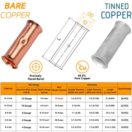 90PCS 4-12 Gauge Non-Insulated Butt Splice Connectors 5 Types Gauge 4/6/8/10/12 AWG Wire Splice Connectors 4-12 AWG Uninsulated Butt Splices Pure Copper Heavy Duty Seamless Barrel Crimp Butt Terminals