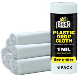 BOEN 9x12 Clear Plastic Drop Cloth – 6-Pack 1 Mil Painters Plastic Sheeting – Waterproof Paint Cover for Furniture, Floor, Window & Dust Protection – Disposable Plastic Tarp for Painting & Renovation