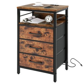 IBUYKE Nightstand with Charging Station, Night Stand with 3 Fabric Drawers, Bedside Table with USB Ports and Outlets, Side End Table for Bedroom, Rustic Brown UTNS001H