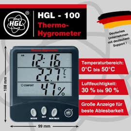 HGL - 100 Thermometer and Hygrometer with Large LCD Display, Humidity Meter and Temperature Meter for Indoor Climate with Time, Alarm Clock and Date
