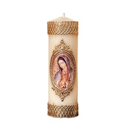 Velas Toscano - Vela Devocional de la Virgen de Guadalupe Artesanal con Marco Ovalado de Cera Dorada con Imagen de Protección (6.3 * 20 cm) 575 gr