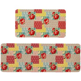 Kuyuayee Boho Floral Kitchen Mats Set of 2 Non Slip Bohemia Flowers Kitchen Rugs Farmhouse Home Decor Low-Profile Washable Floor Mat 17x47 Inch and 17x29 Inch