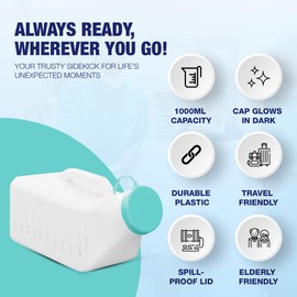 Denus 1000 ml Leak & Smell Proof Urine Bottles Male Spill Proof. Special Male Urine Bottle with Soft Edges, Glowing Lid. Portable Male Urinal Bottles for Men, for Hospitals, Travel & Emergency