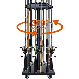 Fishing Rod Rack with Rotating Base – Holds up to 16 Rods & Combos, Easy to Install, Durable Wood Construction, Fishing Pole Holder for Garage, Boat, Truck, Fishing Gear Organizer & Display - Black