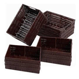Elevon Handmade Storage Basket Set of 4, Plastic Wicker Baskets for Organizing with Handles, Storage Bins for Home Kitchen Countertop, Shelf Organizer, Waterproof, Coffee