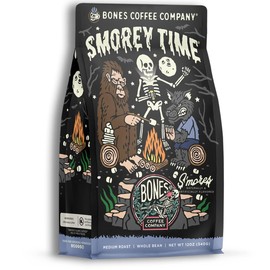 Bones Coffee Company Decaf S'morey Time Whole Coffee Beans S'mores and Graham Crackers Flavor, Low Acid Flavored Coffee, Made with Arabica Coffee Beans, Medium Roast Gourmet Coffee (12 oz)