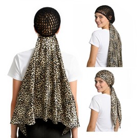 Wrap Cap Hair Net And Scarf, 2 In 1 Heatless Silk Press Wrap, Adjustable Silk Shower Cap For Sleeping, Hair Wraps Net For Women Black Hair Care, Wraps Cap Bonnet Attached,Durag (Leopard CAP)