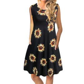 Tanst Sky Floral Dress for Women, Black Flowy Summer Dresses Cute Round Neck Misses Semi Formal Sun Dresses Leisure Daily Wear Outfits Clothes Sunflower XXL