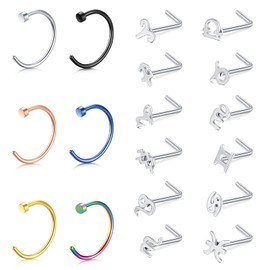 LAURITAMI Nose Piercing Spiral Nose Stud L Shaped Screw Set 20G Stainless Steel Nose Ring Nostril Piercing Silver Diamond, Stainless Steel