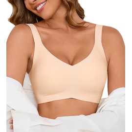 ULTREAGLE Womens Seamless Push Up Bra - Wireless Full Coverage Support Bras - No Underwire Comfort Bra Soft V Neck Bralettes, Nude, M