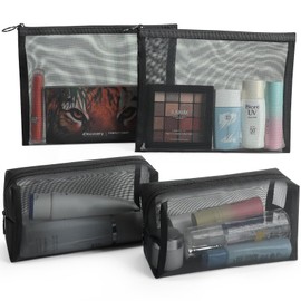 besharppin Mesh Cosmetic Pouch, 4 Pack Solid Color Makeup Pouch, Cosmetic Storage Trinket Organizer for Business Trips, Travel, Flat + Square (Black)