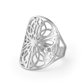 kkjoy Adjustable Flower of Life Ring Stainless Steel Elaborate Flower Ring Floral Promise Ring Jewelry for Women Charming Ladies (Silver)
