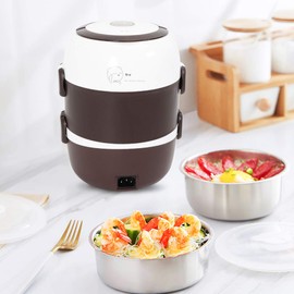 Lunch Box TBVECHI Portable 3 Layers 2L Electric Lunch Box Steamer Pot Rice Cooker Stainless Steel Portable Lunch Box